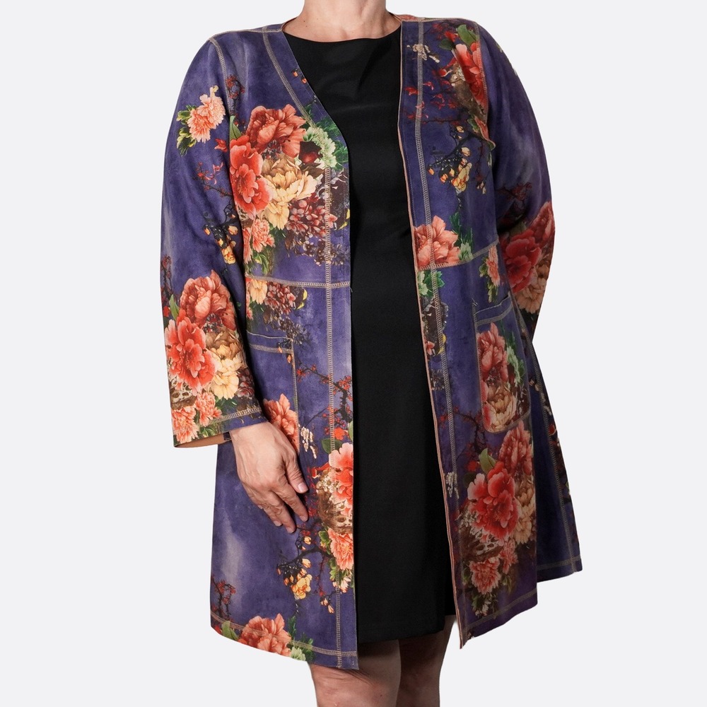 Faux Suede Floral Print Stonewashed Indigo Duster XL/1X Open Front Jacket